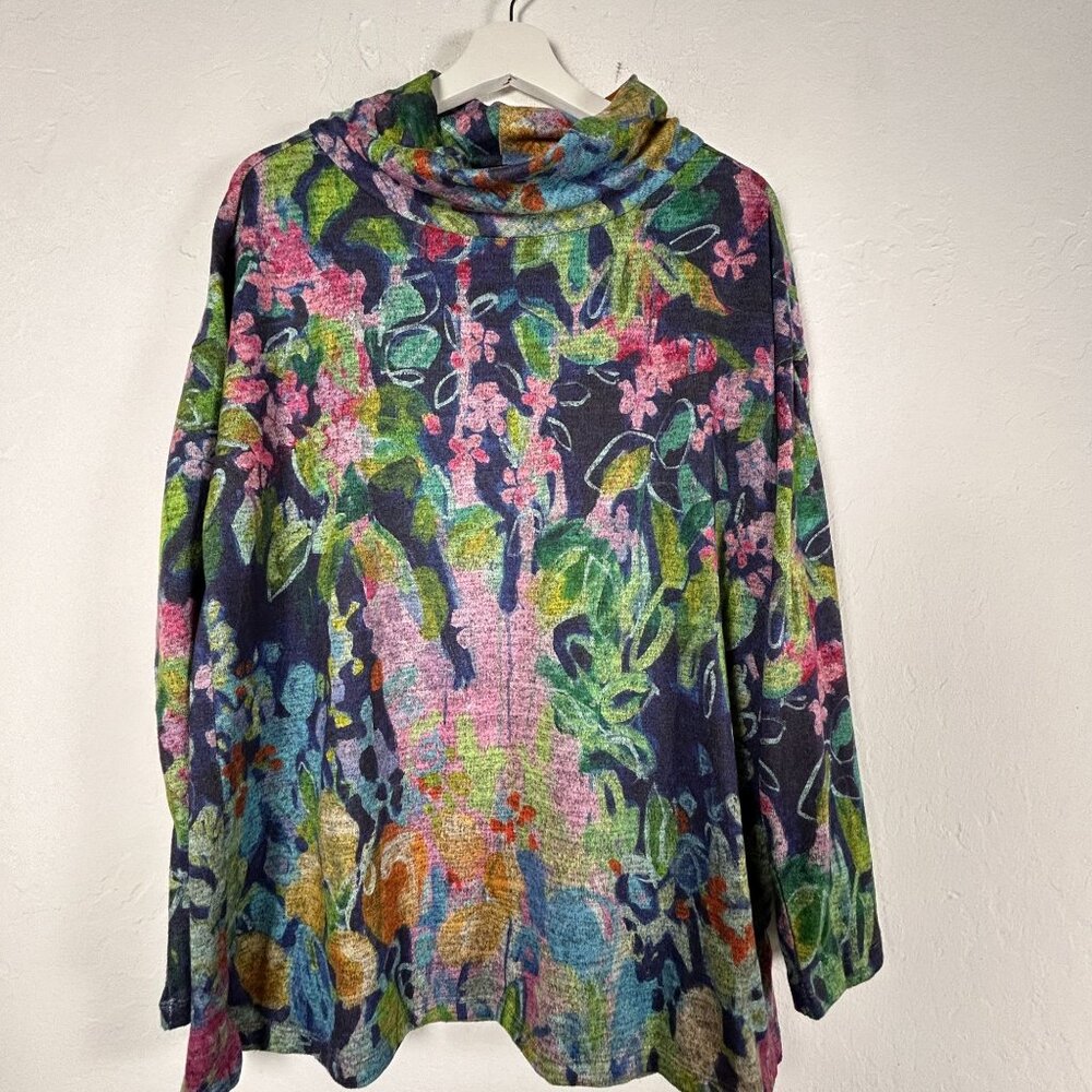 Claire Desjardins Artist’s Garden Tunic Top Small Cowl Neck Knit Abstract Art